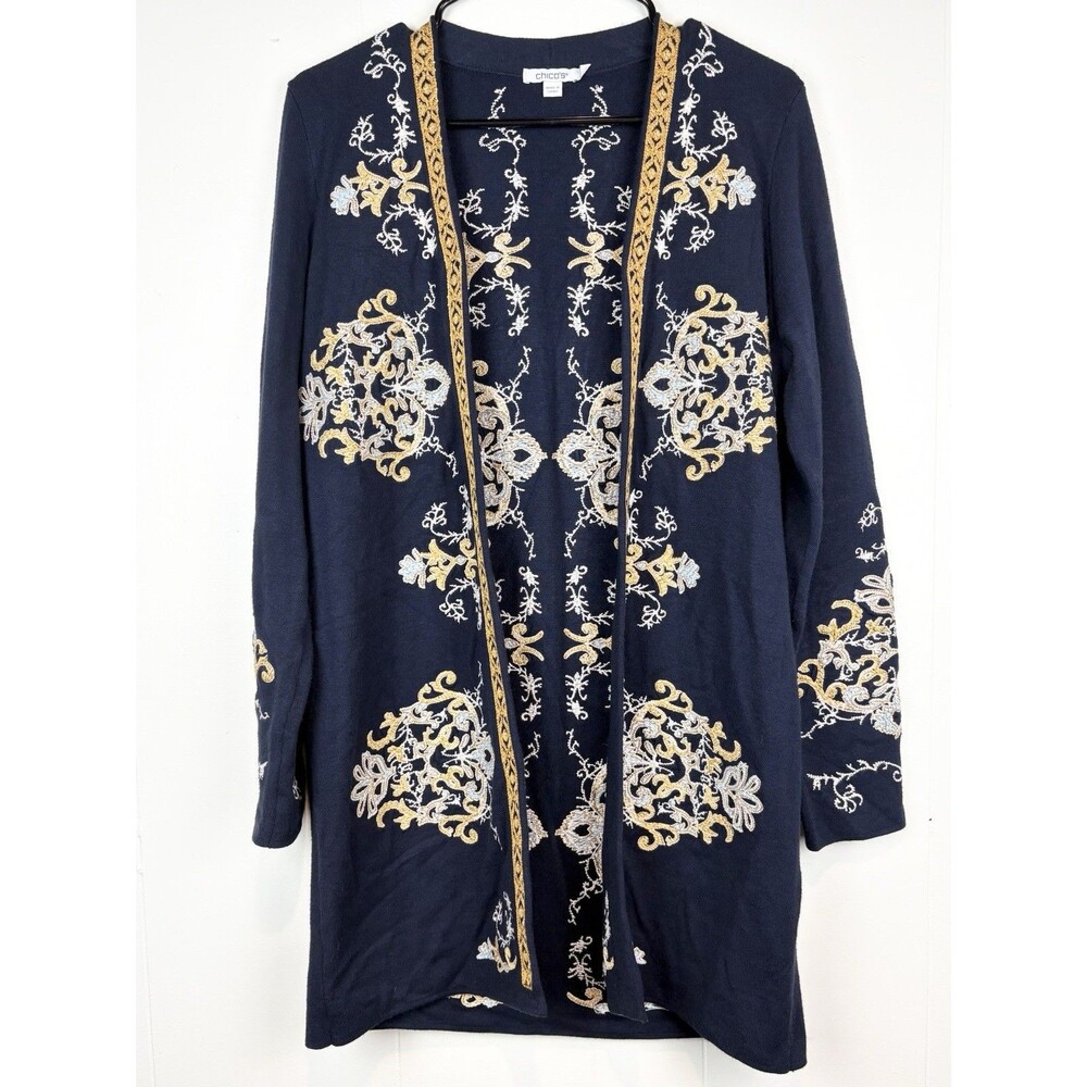 Chico's Sweater Cardigan Sz 0 Navy Blue Gold Embroidered Long Open Front Heavy